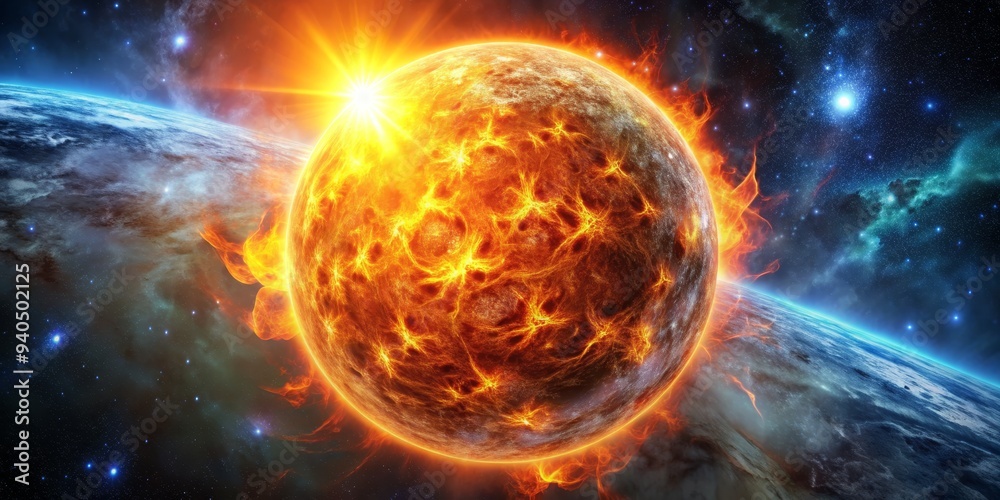 Fototapeta premium Cosmic Inferno Blazing Planet in a Starry Sky, digital art, burning planet, space, fiery planet, astronomy, celestial
