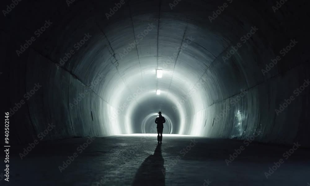 A lone figure walks towards a bright light at the end of a tunnel