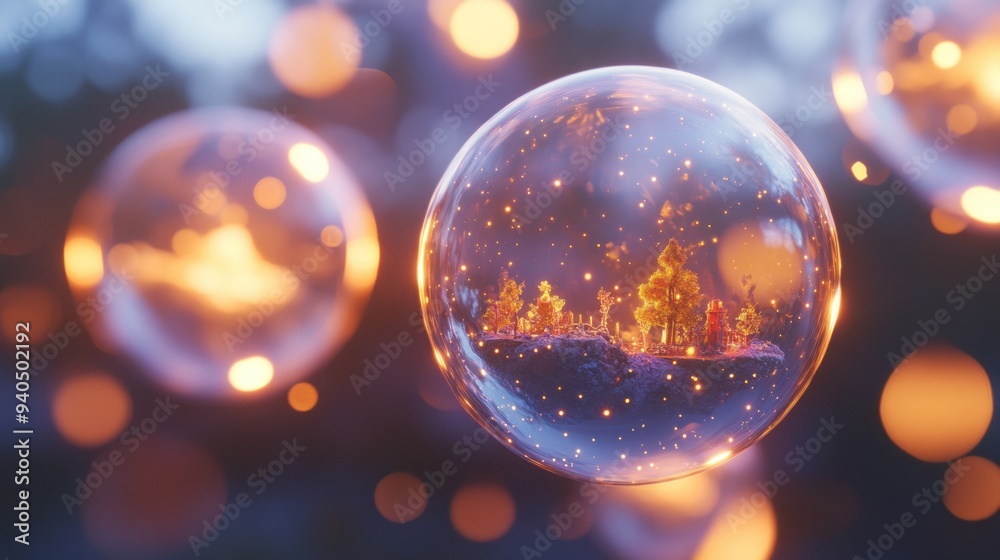 A Miniature Forest Encased in a Transparent Sphere with Glowing Lights A Miniature Forest Encased in a Transparent Sphere with Glowing Lights