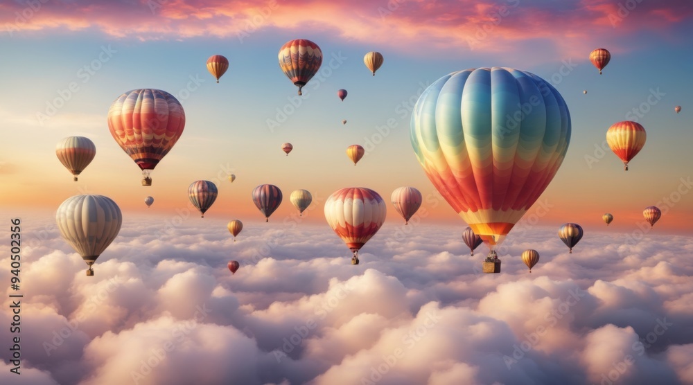 Naklejka premium Group hot air balloons flying above clouds are The image shows