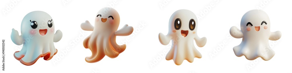 A cute and happy cartoon ghost isolated on a transparent background. Concept for children’s themes, Halloween decoration. 3D animation, PNG A cute and happy cartoon ghost isolated on a transparent background. Concept for children’s themes, Halloween decoration. 3D animation, PNG