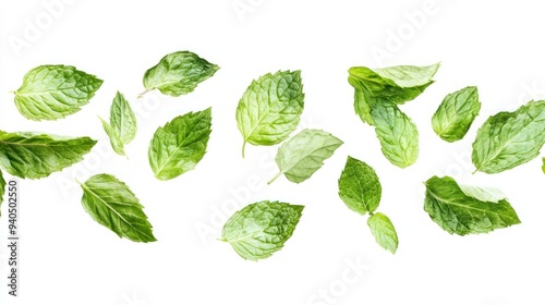 Scattered Fresh Green Mint Leaves on a White Background