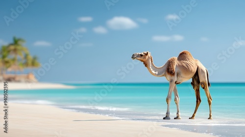 A camel walking along the edge of a clear sea, surrounded by gentle waves and tropical palm trees.