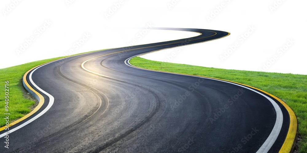 Curving Asphalt Road with Yellow Lines, isolated on White Background, 3D render, asphalt road, yellow lines, road background Curving Asphalt Road with Yellow Lines, isolated on White Background, 3D render, asphalt road, yellow lines, road background