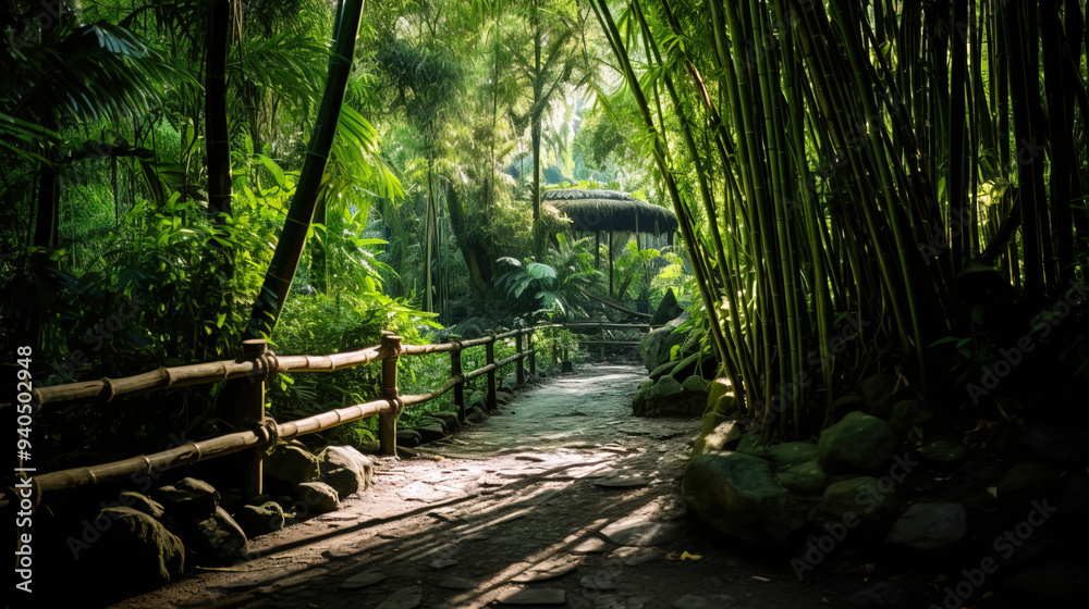 Serene Bamboo Forest Pathway - Lush Greenery and Sunlight Serene Bamboo Forest Pathway - Lush Greenery and Sunlight