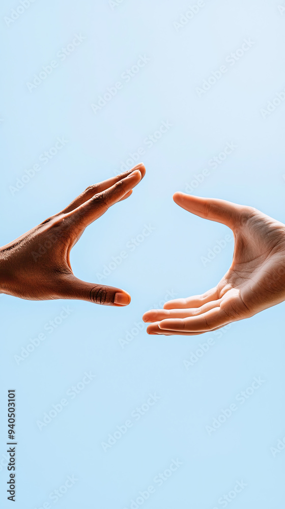 Two distinct hands reaching towards each other against a serene blue backdrop, symbolizing connection and unity. Two distinct hands reaching towards each other against a serene blue backdrop, symbolizing connection and unity.