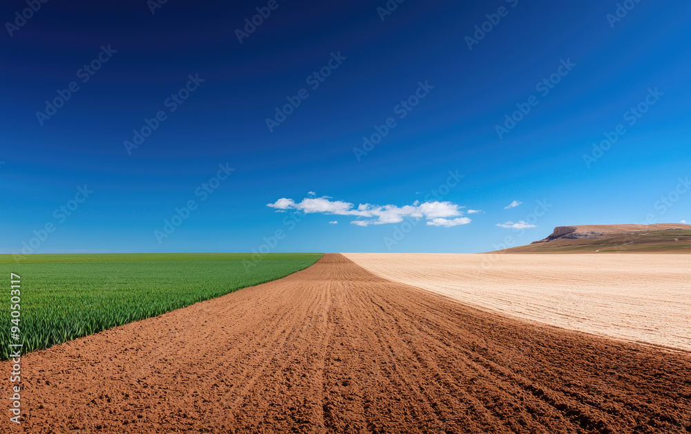 Fototapeta premium Stunning landscape showcasing a vibrant green field merging with a brown tilled soil under a clear blue sky.