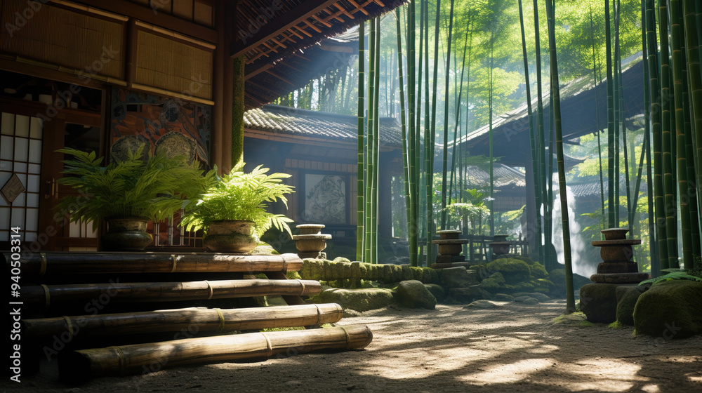 Serene Japanese Garden with Bamboo Forest and Stone Lanterns Serene Japanese Garden with Bamboo Forest and Stone Lanterns