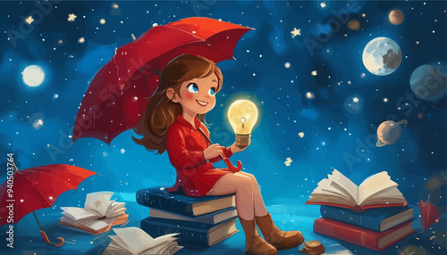 Inspirational Girl Reading a Lightbulb Book