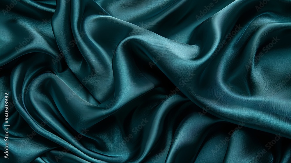 Rich teal green silk satin fabric. Glossy and smooth texture. Elegant folds create a luxurious backdrop with ample space for design. Perfect for web banners or flat lay presentations. Rich teal green silk satin fabric. Glossy and smooth texture. Elegant folds create a luxurious backdrop with ample space for design. Perfect for web banners or flat lay presentations.