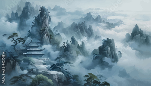 Misty mountain temple in a cloudy landscape