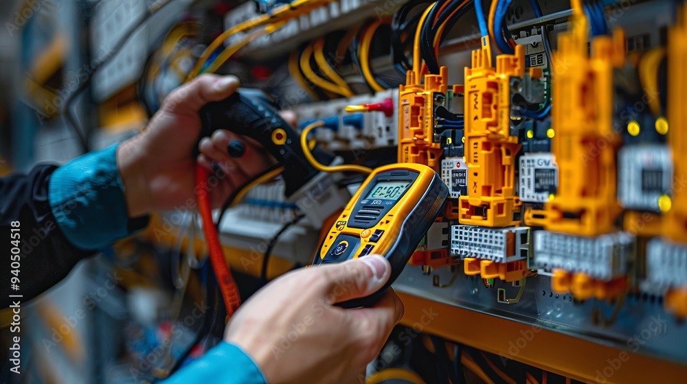 Electrical maintenance services: An engineer uses an AC voltmeter to measure current voltage at a circuit breaker terminal and cable Electrical maintenance services: An engineer uses an AC voltmeter to measure current voltage at a circuit breaker terminal and cable