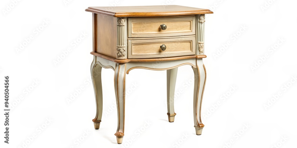 Elegant Two-Drawer Nightstand with Ornate Carvings and Curved Legs, Wooden, White and Brown, Furniture, Nightstand, Bedroom