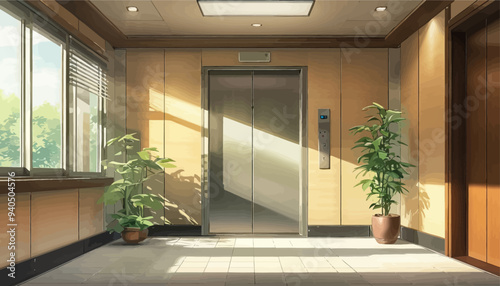 Modern Elevator Hallway with Natural Light and Greenery