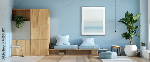 Modern Living Room with Blue Walls and Wooden Furniture