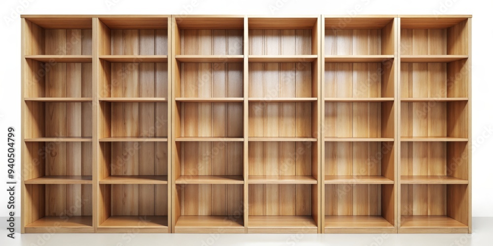 Empty Wooden Bookcase, 3 Sections, 5 Shelves, Simple Design, Organization, Storage, Bookcase Empty Wooden Bookcase, 3 Sections, 5 Shelves, Simple Design, Organization, Storage, Bookcase