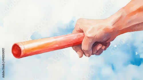 A watercolor of a track and field relay, with the baton handoff highlighted in bright tones, watercolor, relay race, action
