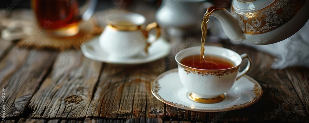 Elegant tea being poured into a fine china teacup Elegant tea being poured into a fine china teacup