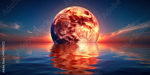 Fiery Planet Rising Over Calm Waters, Digital Art, Sunset, Alien World, Planet, Sky, Reflection