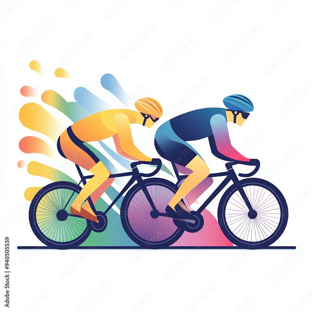 Obraz premium Colorful abstract illustration of two cyclists racing with dynamic background splash elements. Vibrant design and motion concept.
