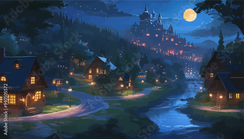 Nighttime Village Scene with Castle and River