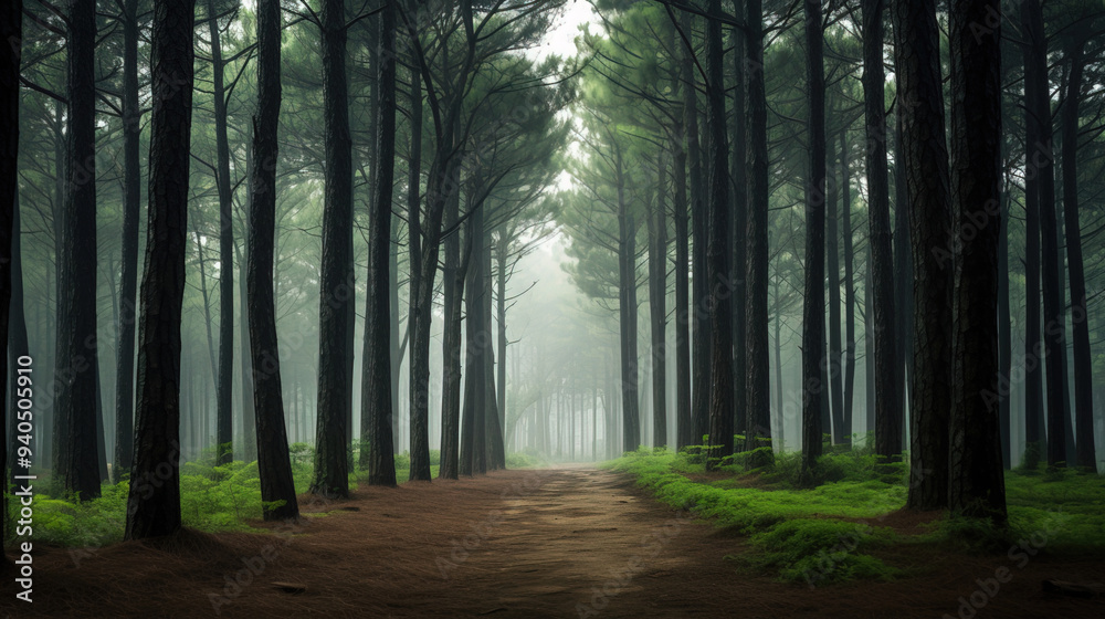 Mystical Forest Path: Sunlight Through Tall Pine Trees Mystical Forest Path: Sunlight Through Tall Pine Trees