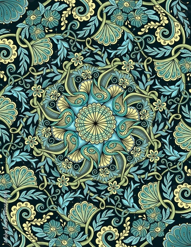 Colored ornate floral mandala art, psychedelic ethnic background