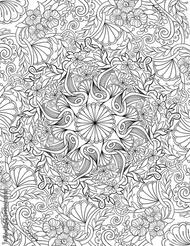 Ornamental mandala adult coloring book page. Zentangle style coloring page. Mandala black outline.	
