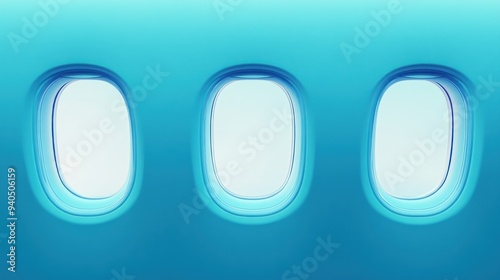 Three Airplane Windows on a Blue Wall