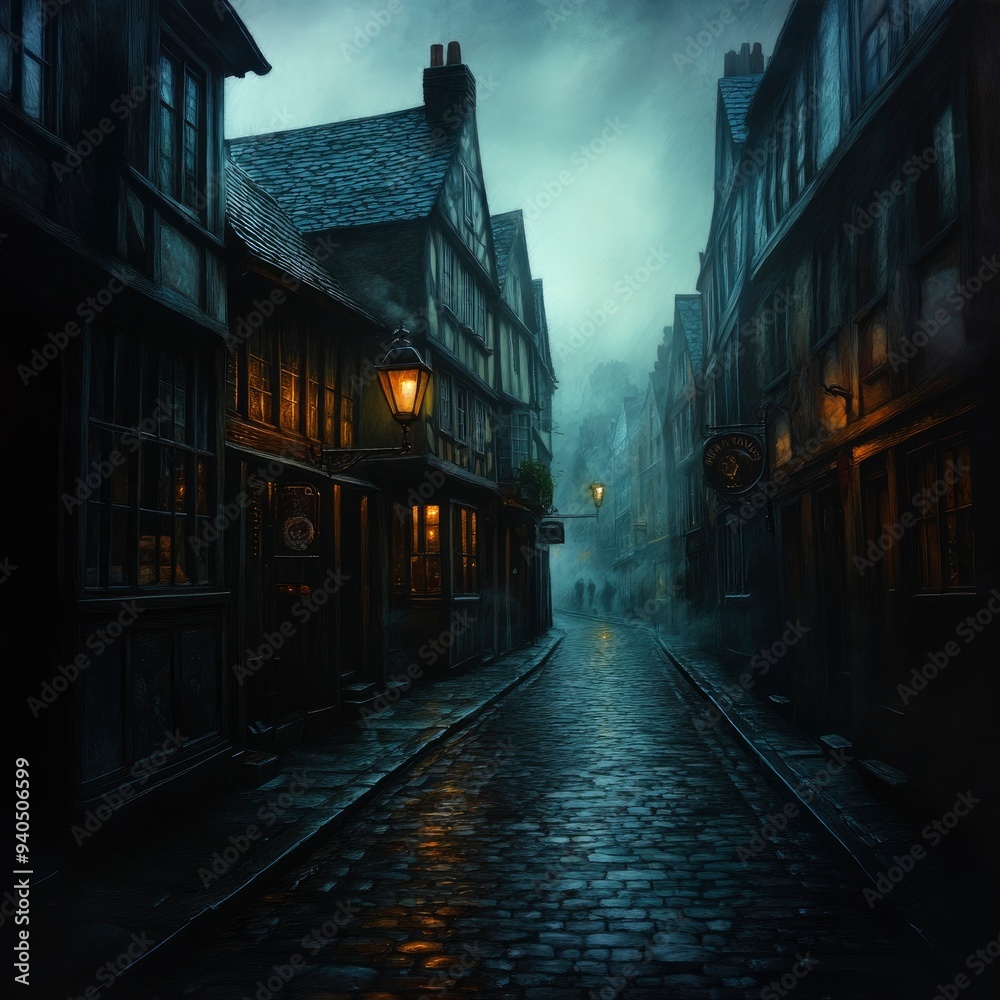 Foggy Cobblestone Street in a Medieval City Foggy Cobblestone Street in a Medieval City