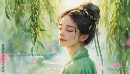 Peaceful Moment: Woman in Traditional Costume with Flower Blossoms