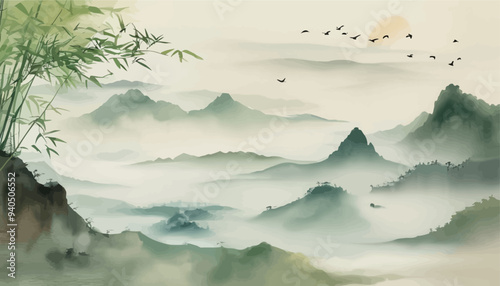 Peaceful Mountainous Landscape with Birds and Fog