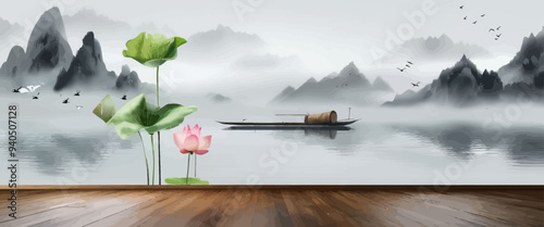 Peaceful Scenery with Boat on Lake and Flowers