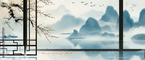 Peaceful Scenery of a Mountainous Lake with Reflections and Birds
