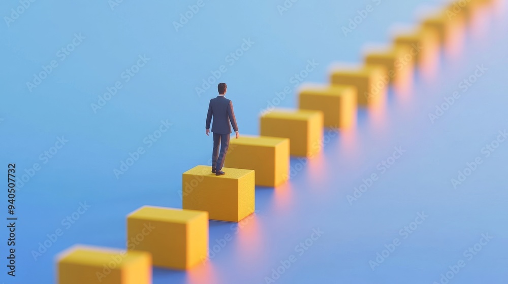 A businessman walks along a path of yellow blocks leading to success, on a blue background. A businessman walks along a path of yellow blocks leading to success, on a blue background.