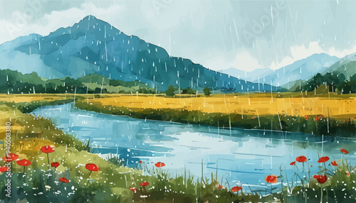 Rainy day in a mountainous landscape with a river and red flowers