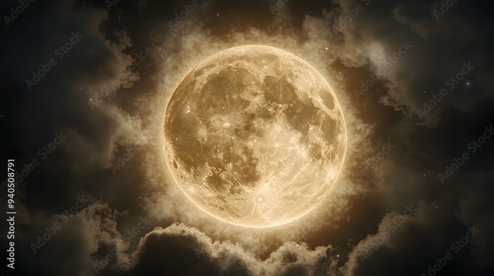 A glowing full moon surrounded by wispy clouds in a night sky. A glowing full moon surrounded by wispy clouds in a night sky.