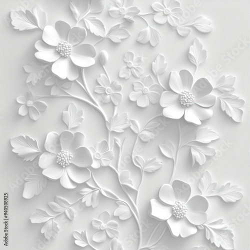 White 3D Embossed Floral Pattern on Textured Surface