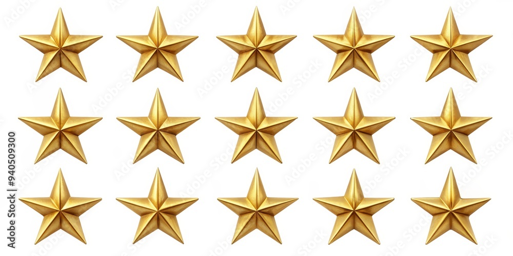 Golden Star Pattern - 18 Stars in 3 Rows, White Background, 3D Render, stars, rating, award Golden Star Pattern - 18 Stars in 3 Rows, White Background, 3D Render, stars, rating, award