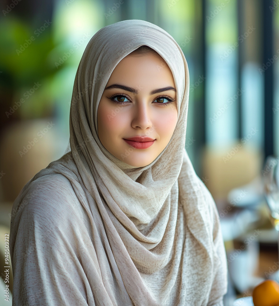 Pretty Muslim woman in dining room Pretty Muslim woman in dining room