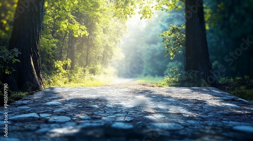 A sunlit path through a lush forest, with green trees and sunlight streaming through the foliage.