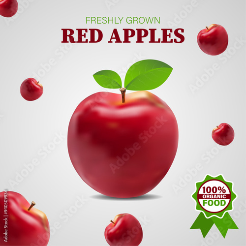 Farm freshly grown red apples poster template. Organic healthy food poster design.