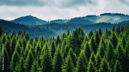 Majestic Pine Forest with Mountain Range in the Background