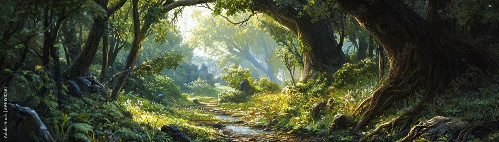A Sunlit Path Through a Lush Forest A Sunlit Path Through a Lush Forest