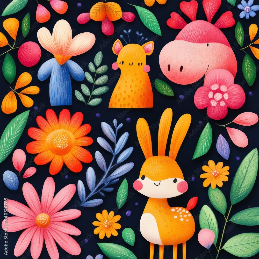 Obraz premium Cute Cartoon Animals and Flowers in a Floral Pattern