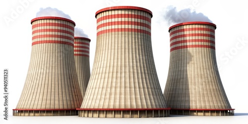 Industrial Cooling Towers 3D Render - Concrete Structures with Red Bands, Power Plant, Energy, Smoke photo