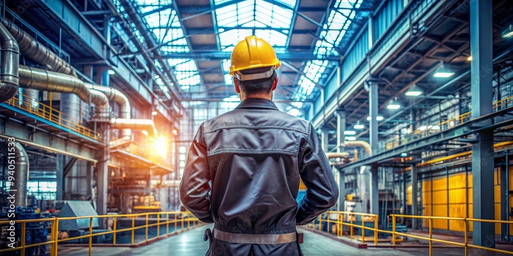 Industrial Worker Standing in a Large Factory, Back View, Industrial Photography, Factory worker, Steel Mill, Industrial setting Industrial Worker Standing in a Large Factory, Back View, Industrial Photography, Factory worker, Steel Mill, Industrial setting