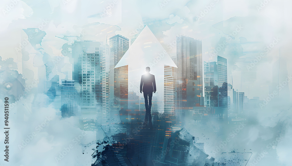 Businessman and upward arrows with a cityscape background in double exposure style, symbolizing business growth and stock market trends. Businessman and upward arrows with a cityscape background in double exposure style, symbolizing business growth and stock market trends.