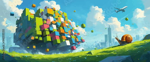 Surreal Cityscape with Colorful Cubes and Snail