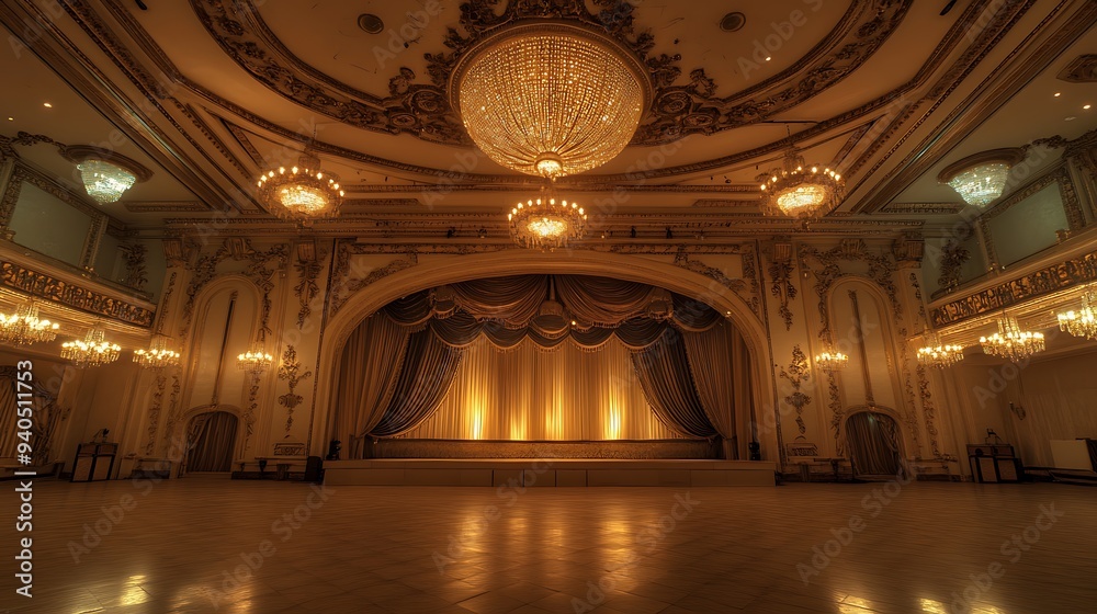Obraz premium Well-Lit Event Hall Featuring a Stage with Ornate Ceiling and Chandeliers